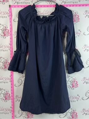 Union of angels dress bow ribbon sleeves Navy Peasant-Style Off-Shoulder Dress